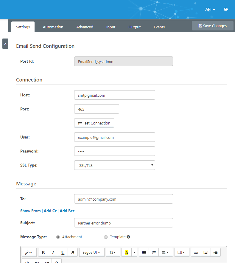 Sample Email Send Connector configuration